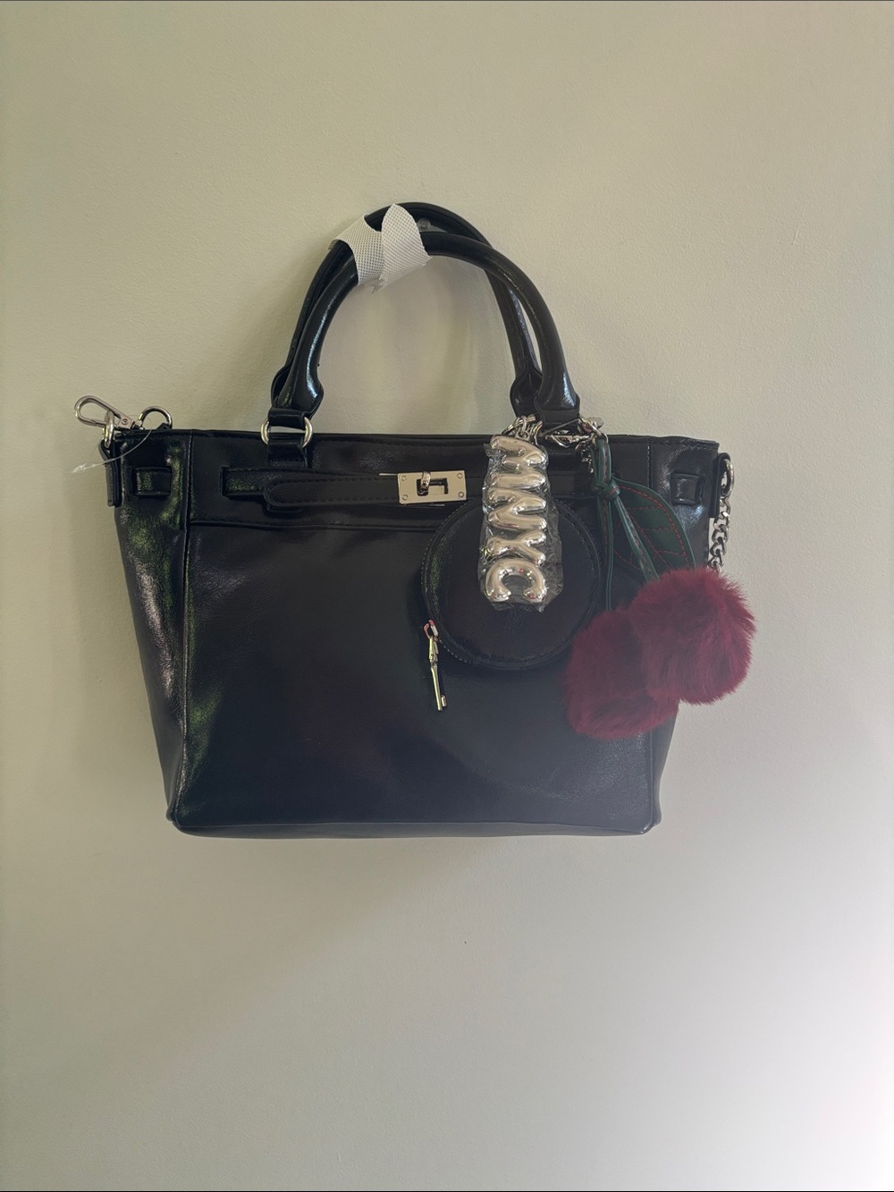 Black Satchel with Burgundy Pom Charm Accent